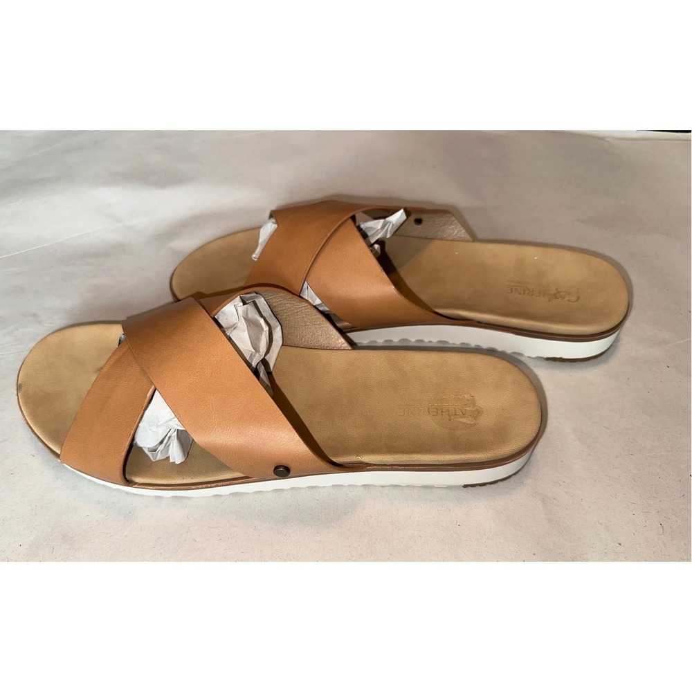 Catherine Catherine Malandrino Tan Brown Cross Strap Slide Sandals Women 9.5